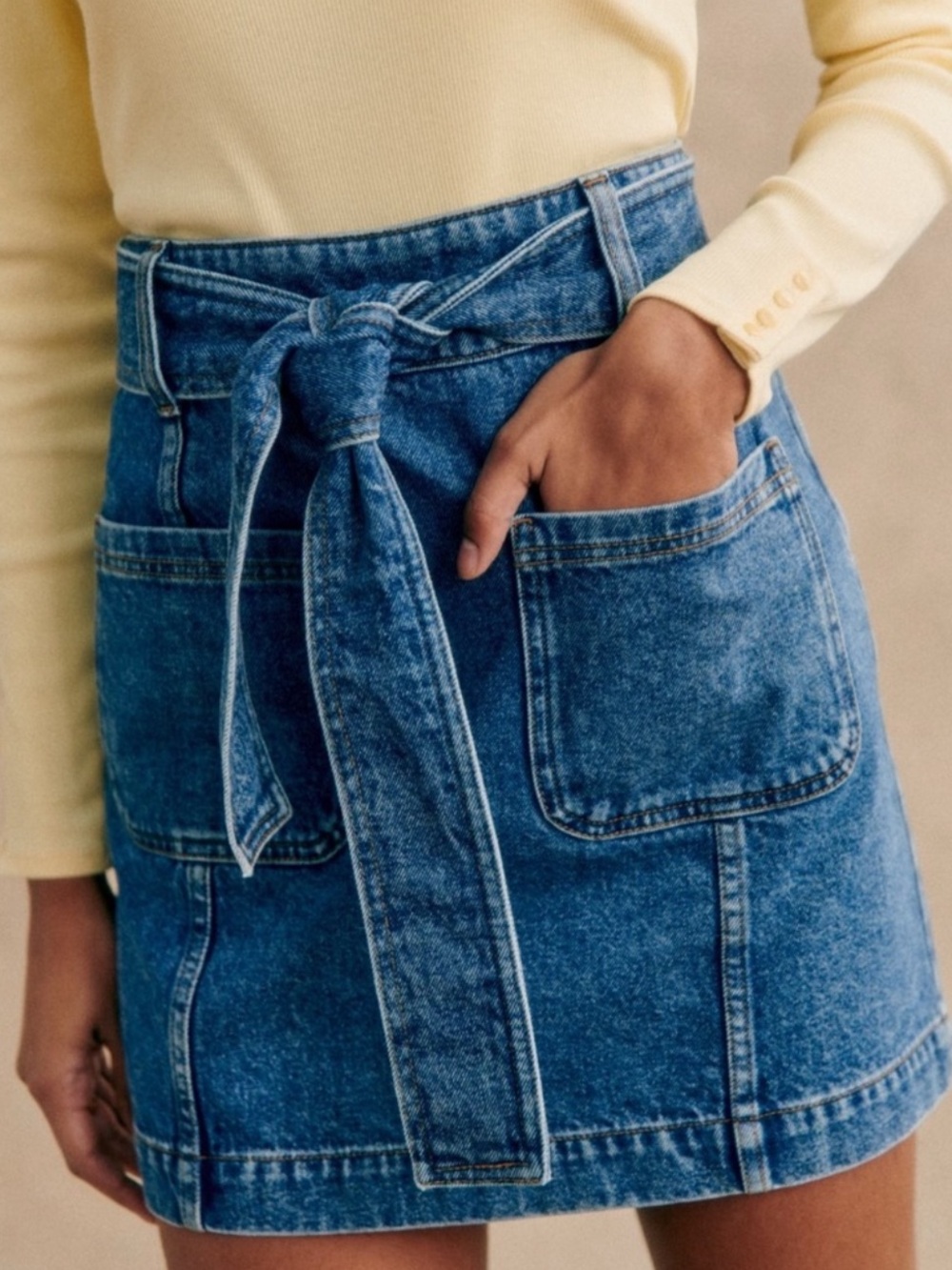 Sezane Blue Denim Tie-Belt Mini Skirt